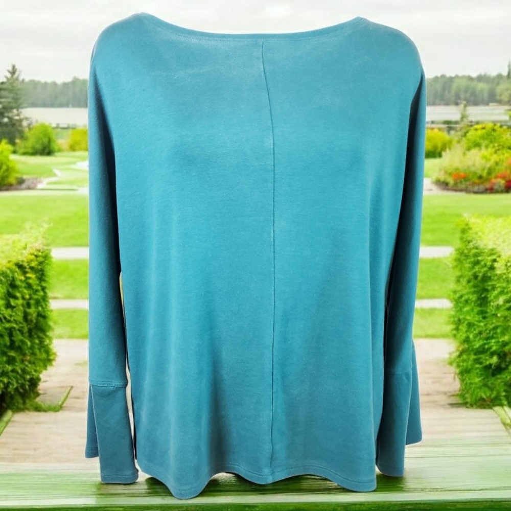 Eileen Fisher Top Women's Teal M Ruffled Flare Sleeve Casual Relaxed Pullover